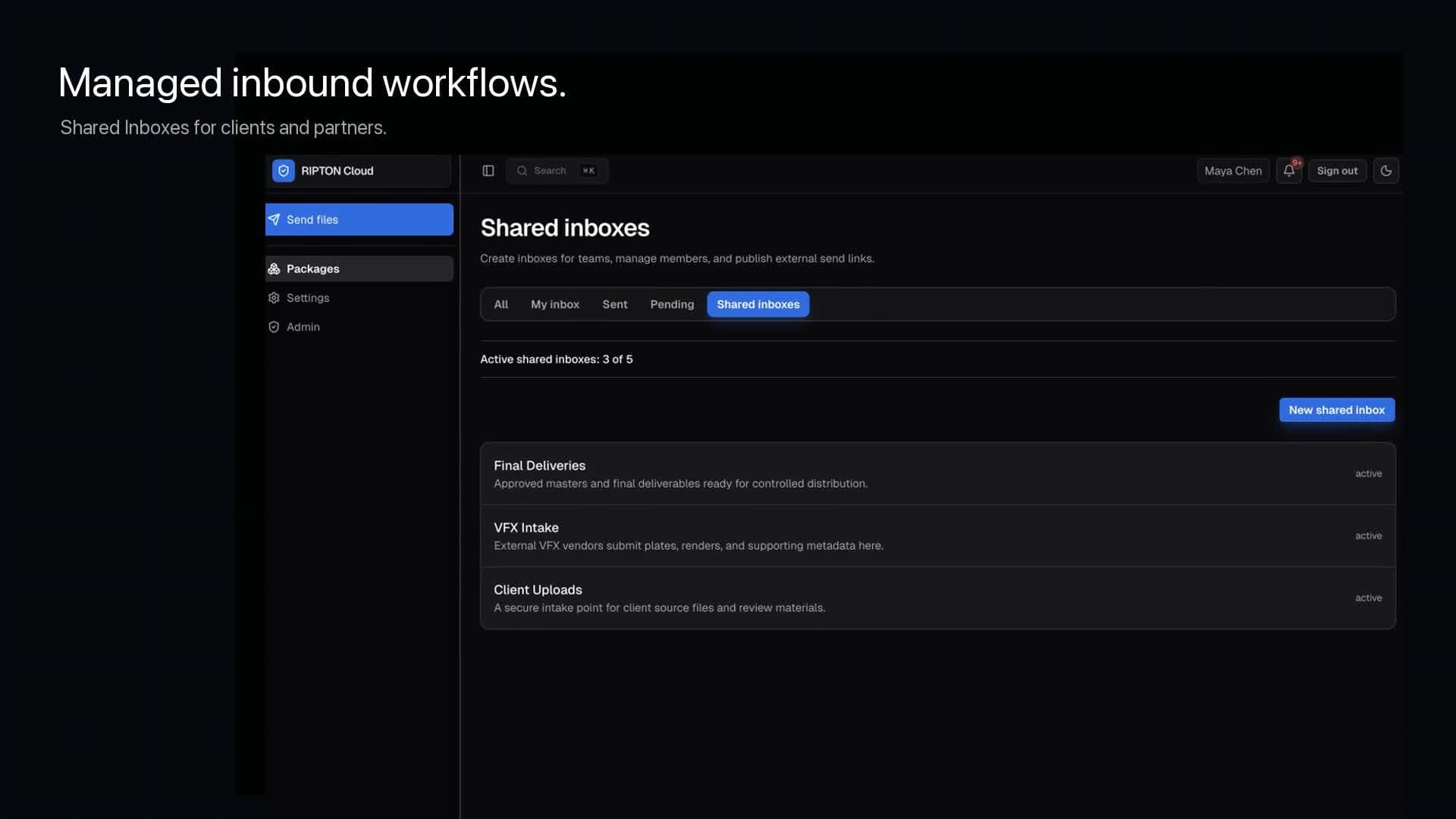 Recorded Ripton Shared Inboxes screen with team intake destinations